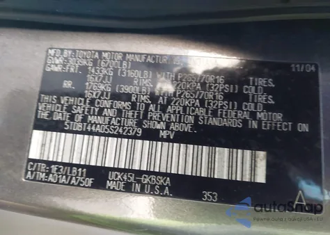 2005 Toyota Sequoia Sr5 V8 z USA, uszkodzony, nr VIN 5TDBT44A05S242379